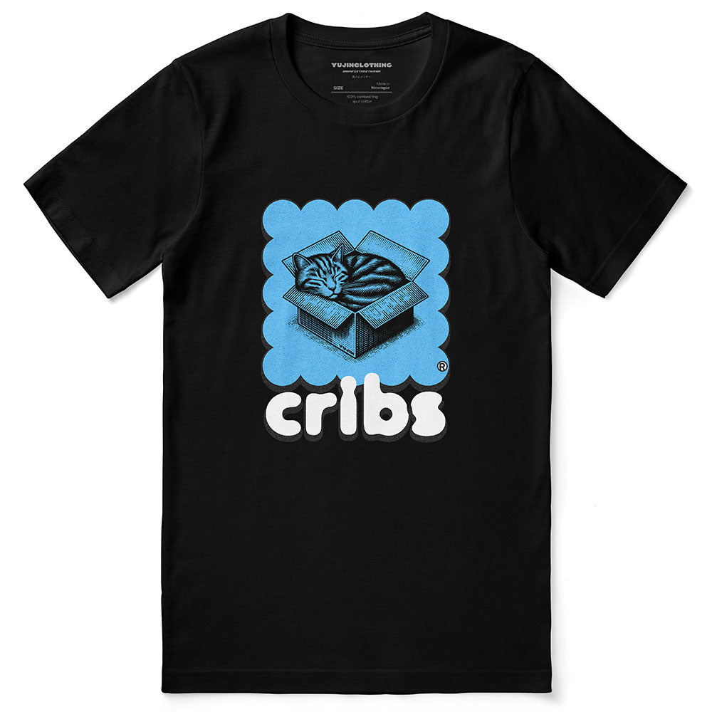 Yūjin Clothing Cribs Cat T-Shirt featuring a playful cat graphic on a casual crewneck tee for feline lovers.