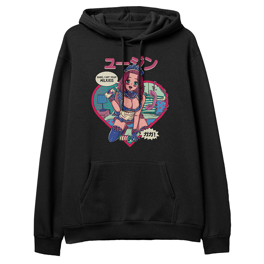 Yūjin Clothing Got Your Milkies Hoodie in black, featuring a soft cotton fabric with a front pocket and hoodie drawstrings.