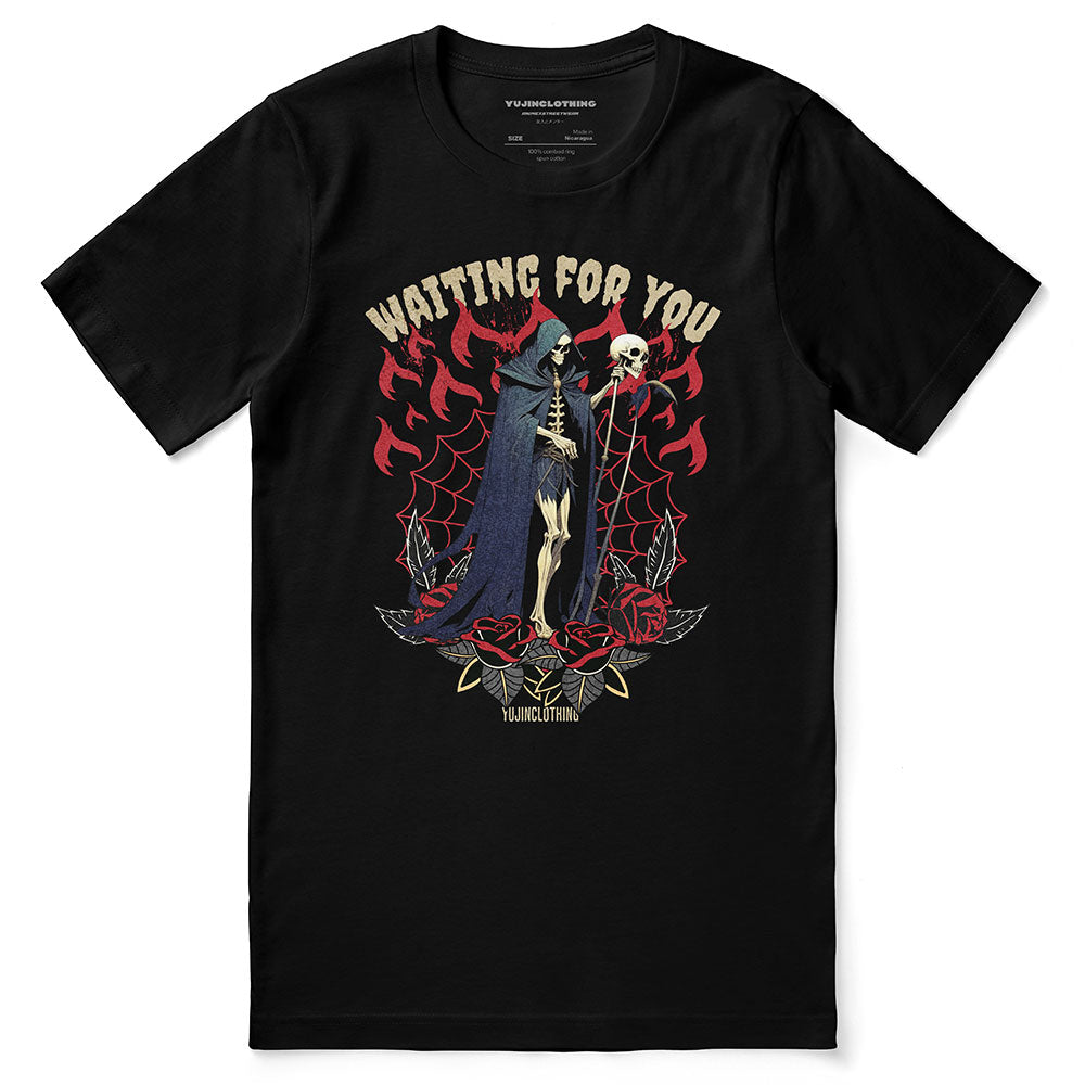 Black Grim Reaper T-Shirt by Yūjin Clothing featuring a detailed reaper graphic on soft cotton fabric.