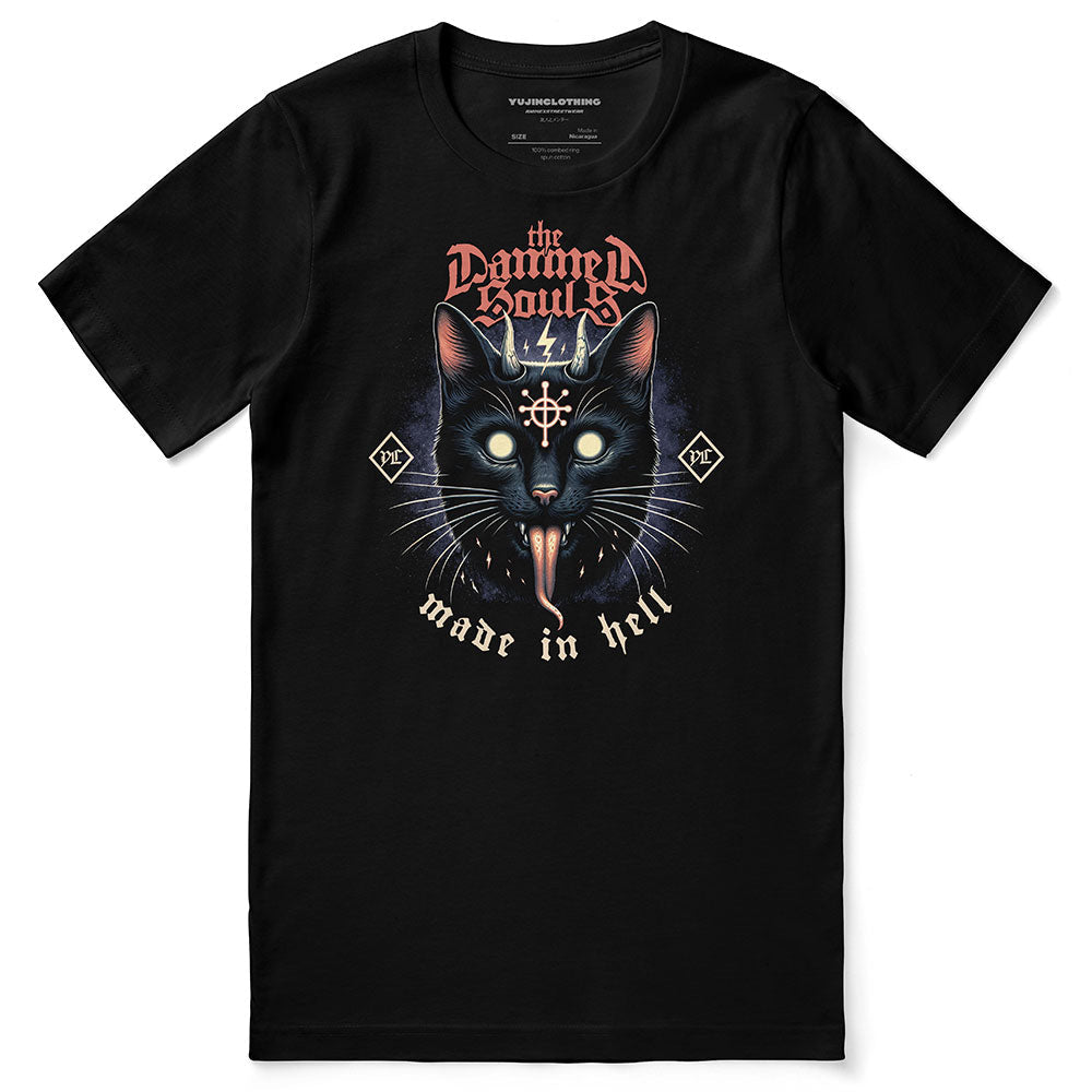 Yūjin Clothing Damned Souls cat T-shirt showing a graphic of a mysterious cat with dark, artistic design on the front.