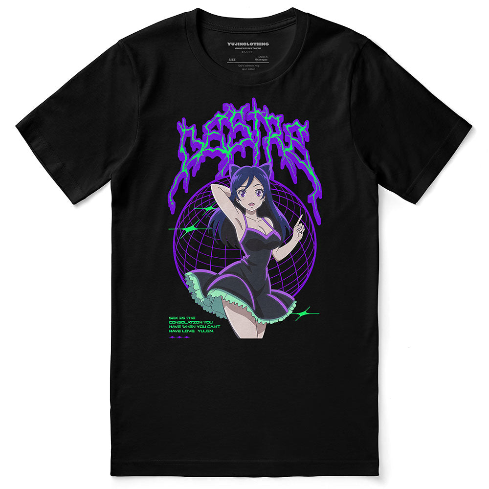 Yūjin Clothing Deep Desire T-Shirt, black cotton casual tee with deep neckline and printed graphic design, front view.