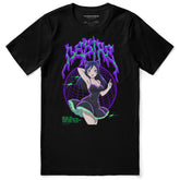 Yūjin Clothing Deep Desire T-Shirt, black cotton casual tee with deep neckline and printed graphic design, front view.