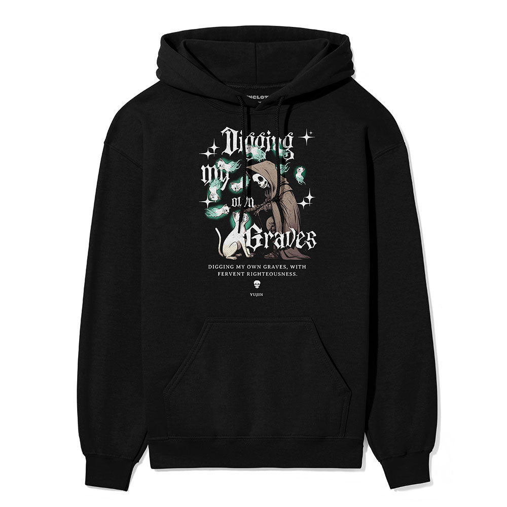 Yūjin Clothing Digging My Own Graves cat hoodie featuring a graphic of a cat digging, casual unisex hoodie for cat lovers.