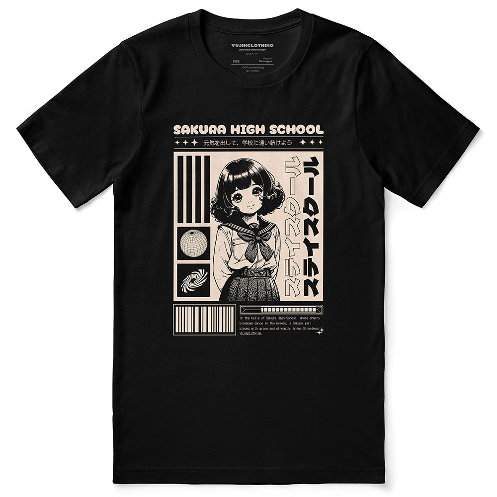 High school girl graphic T-shirt by Yūjin Clothing featuring a stylish design, casual fit, and comfortable fabric.