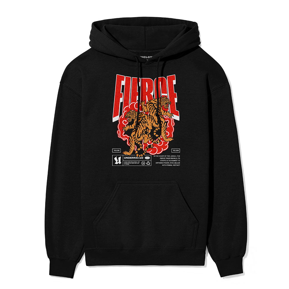 Yūjin Clothing Fierce Tiger hoodie featuring a bold tiger graphic on soft, comfortable fabric for stylish casual wear.