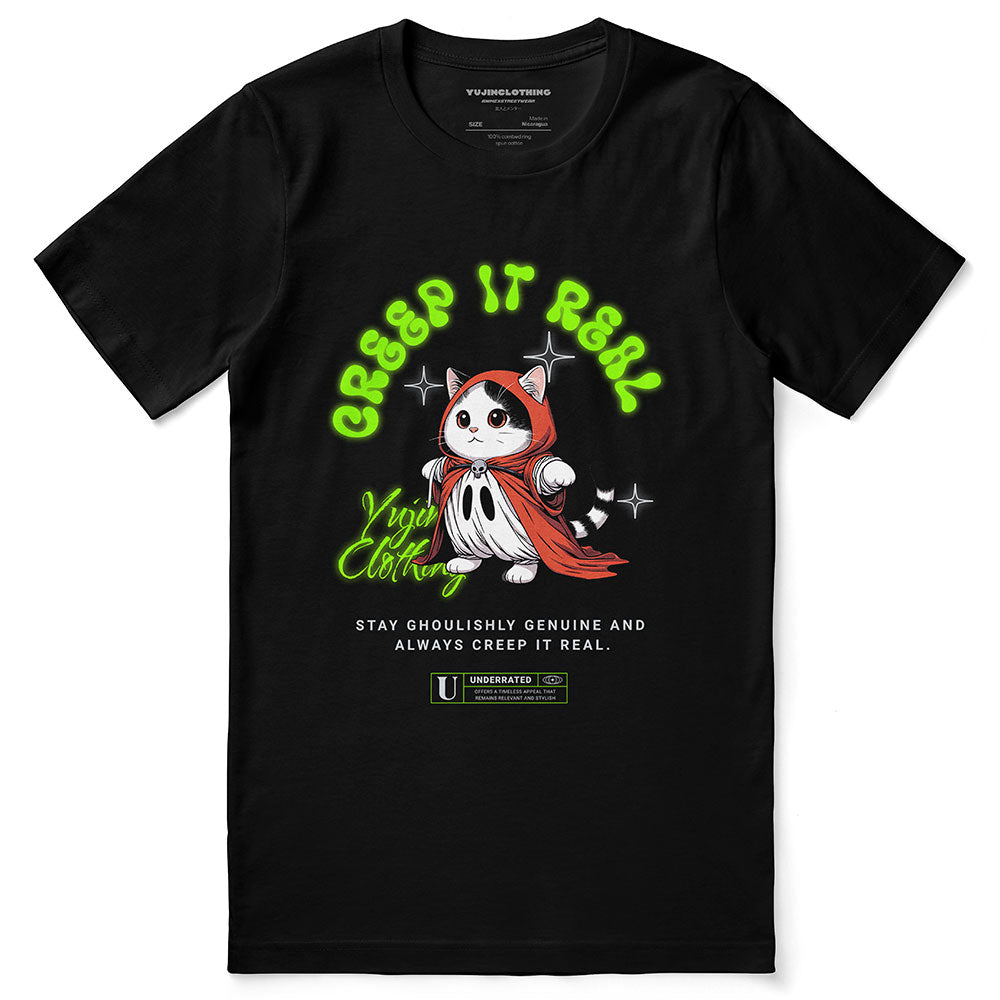 Yūjin Clothing Creep It Real cat T-Shirt featuring a spooky-themed design and comfortable fit, perfect for cat lovers.