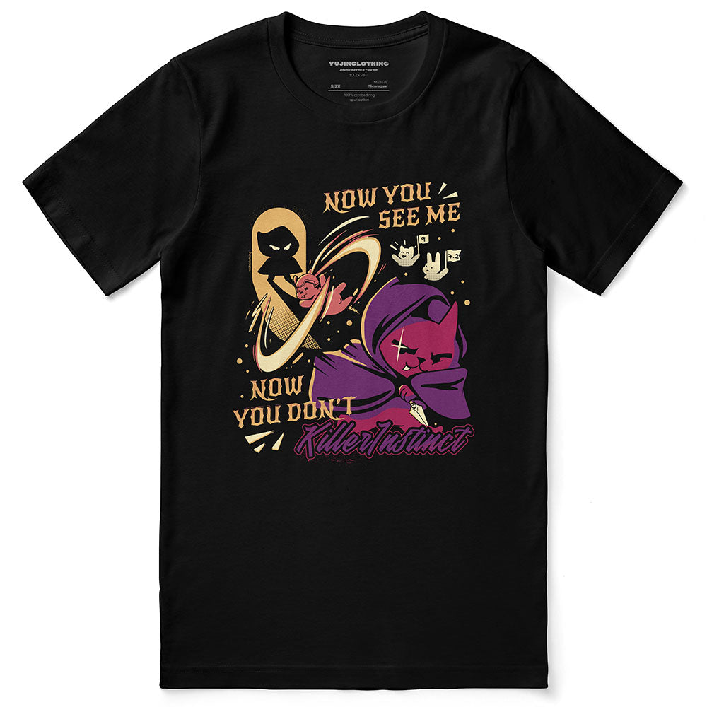 Yūjin Clothing Killer Instinct cat T-Shirt featuring a bold graphic design on soft cotton fabric.