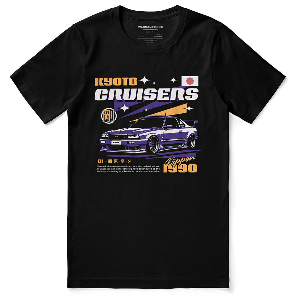 Yūjin Clothing Kyoto Cruisers T-Shirt featuring a stylish graphic design and comfortable fit, displayed on a hanger.
