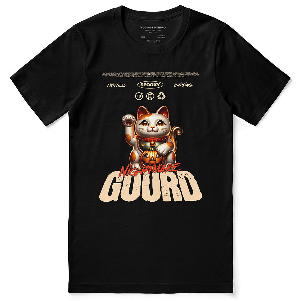 Yūjin Clothing Gourd Nightmare Cat T-Shirt featuring a spooky cat design on a casual black T-shirt.