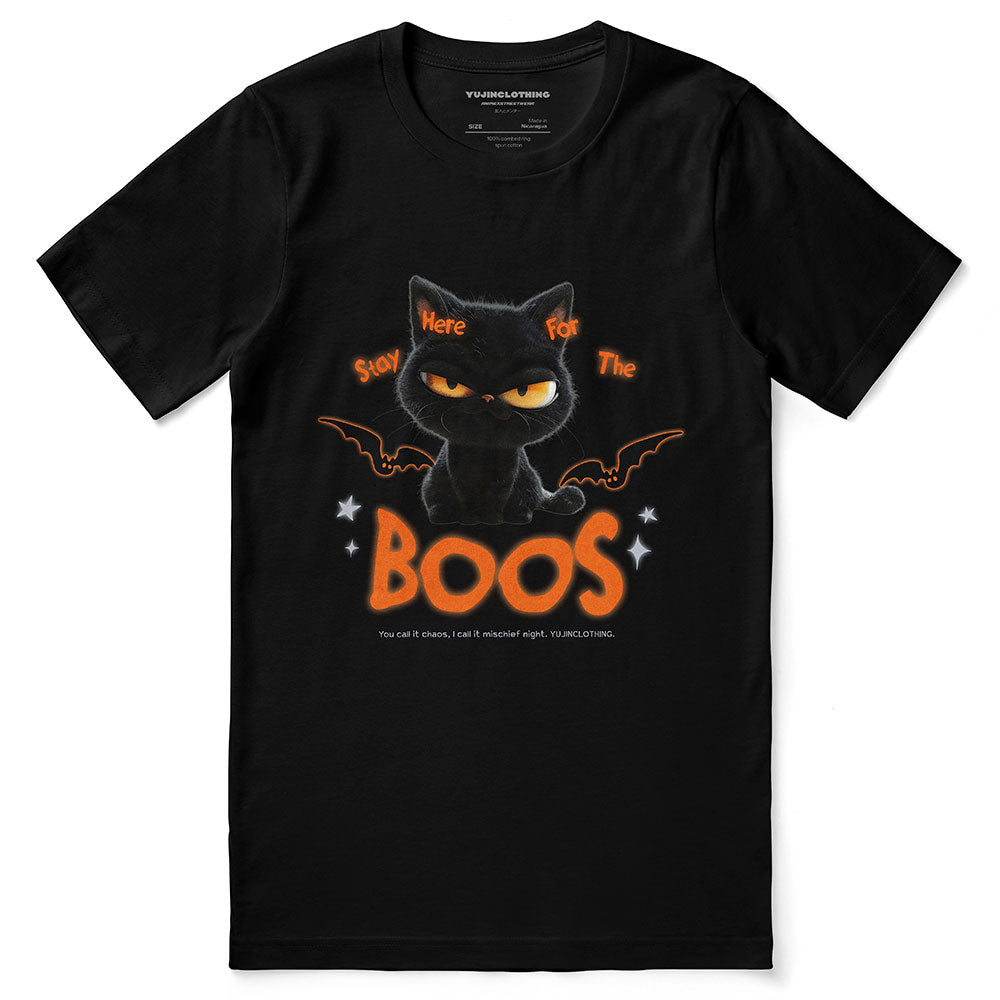 Here For The Boos T-Shirt by Yūjin Clothing featuring a fun ghost graphic on a casual black T-shirt.