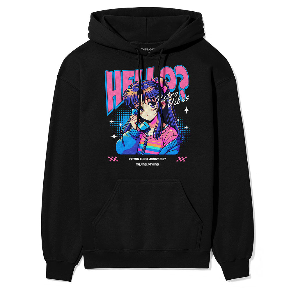 Yūjin Clothing Hello? hoodie featuring a casual fit, soft fabric, and a playful text design on the front.