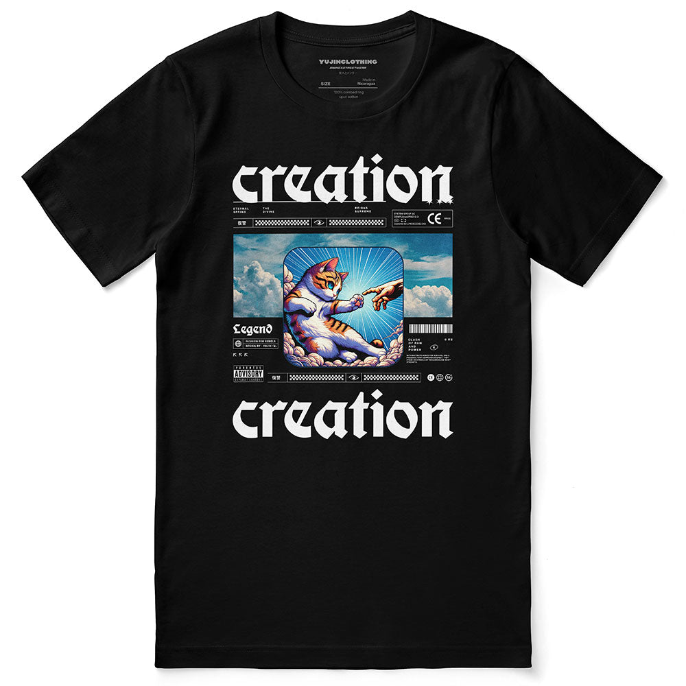 Yūjin Clothing Divine Creation cat T-shirt featuring a detailed feline graphic on soft fabric, stylish and comfortable for casual wear.