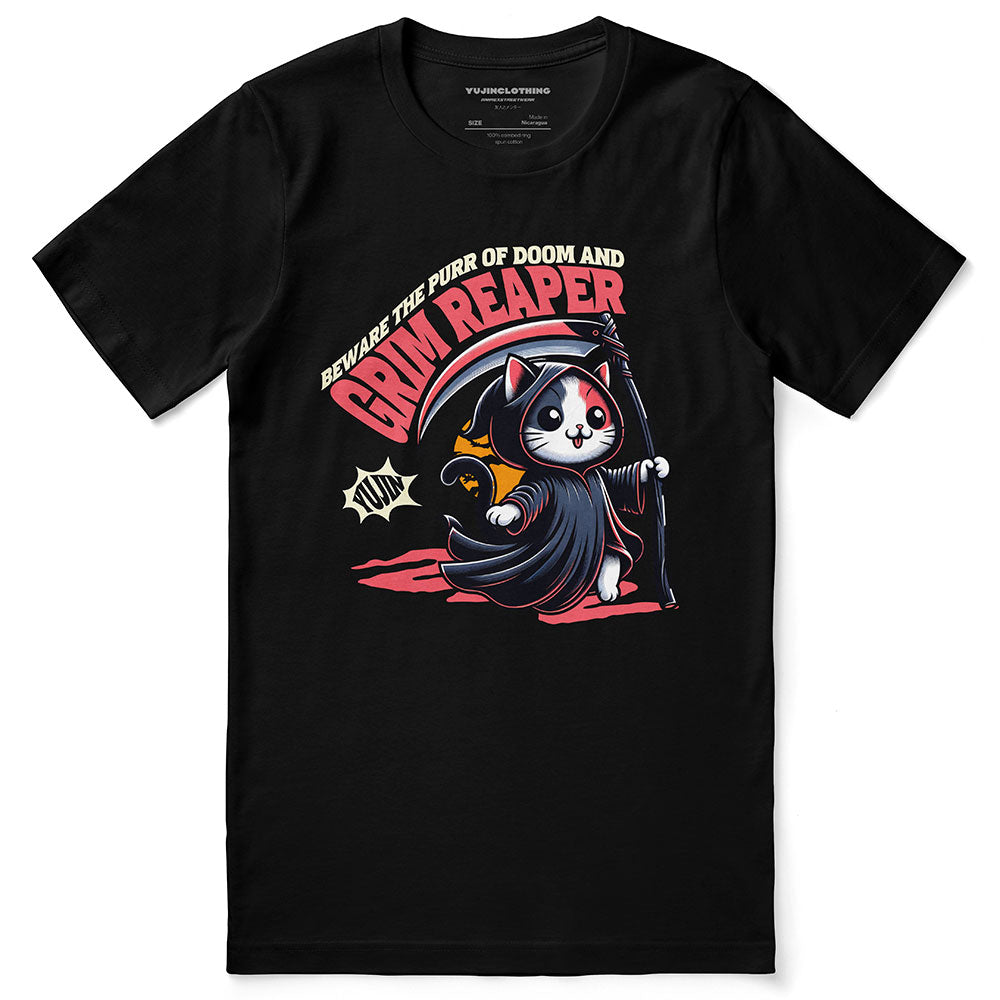 Black Grim Reaper cat T-Shirt by Yūjin Clothing featuring a spooky cat illustration on soft cotton fabric.