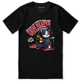 Black Grim Reaper cat T-Shirt by Yūjin Clothing featuring a spooky cat illustration on soft cotton fabric.