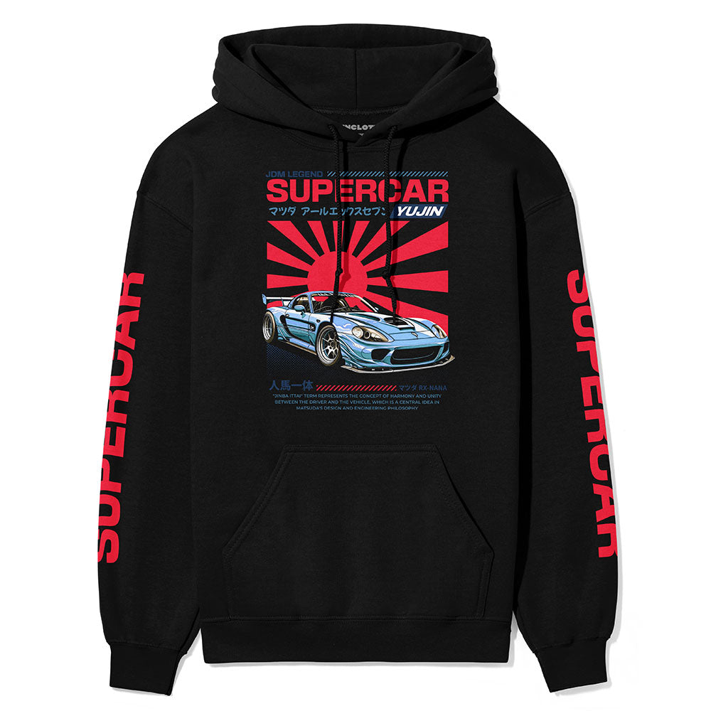 Japanese Supercar Hoodie by Yūjin Clothing featuring a stylish design with a high-quality fabric hoodie for streetwear style.