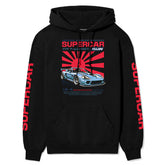 Japanese Supercar Hoodie by Yūjin Clothing featuring a stylish design with a high-quality fabric hoodie for streetwear style.