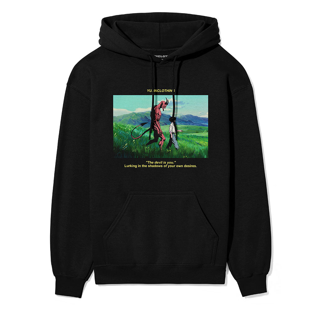 Yūjin Clothing Devil and Boy hoodie featuring a graphic design with a devil and boy illustration on a casual hoodie.