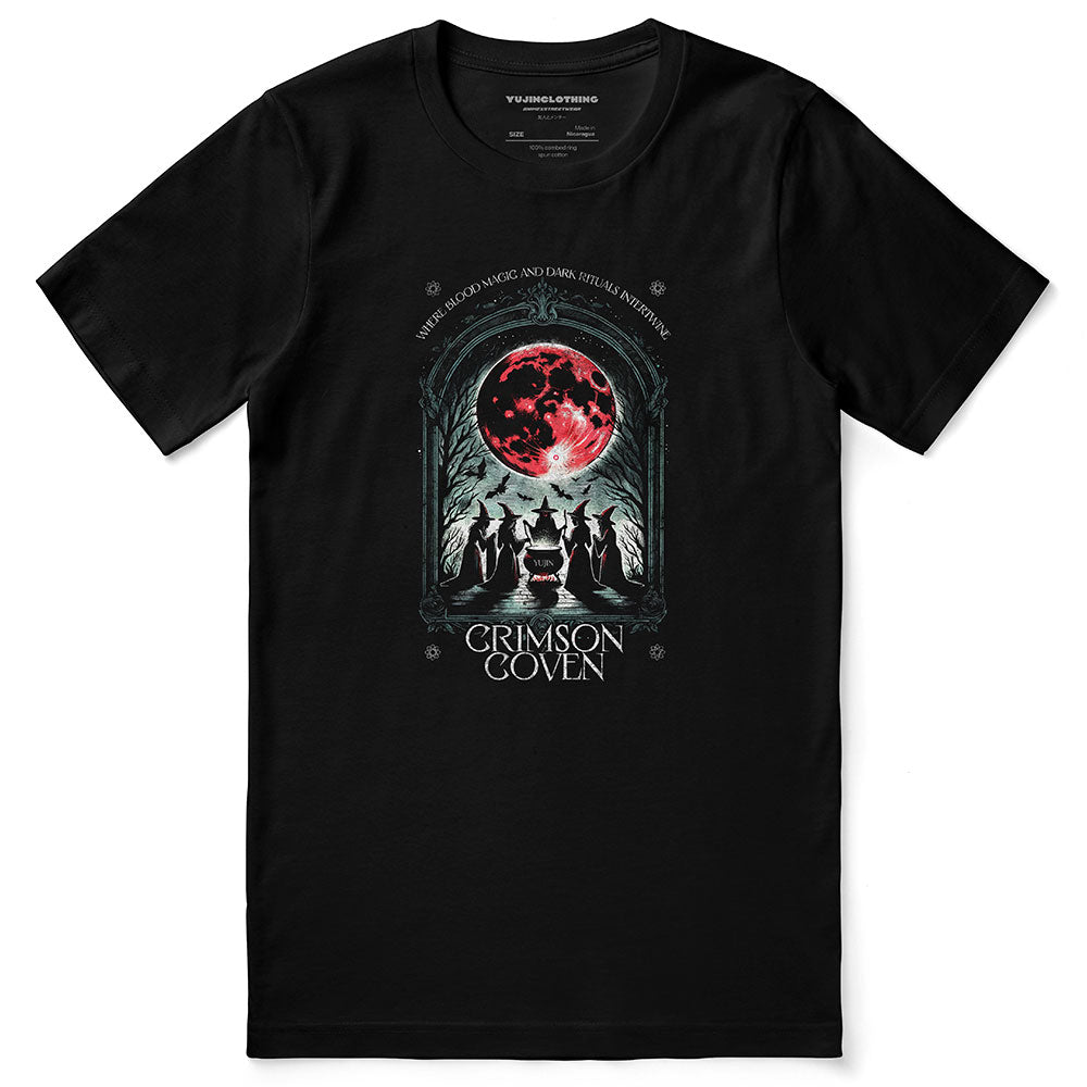 Crimson Coven T-Shirt by Yūjin Clothing featuring a dark red and black graphic design on a casual cotton T-shirt.