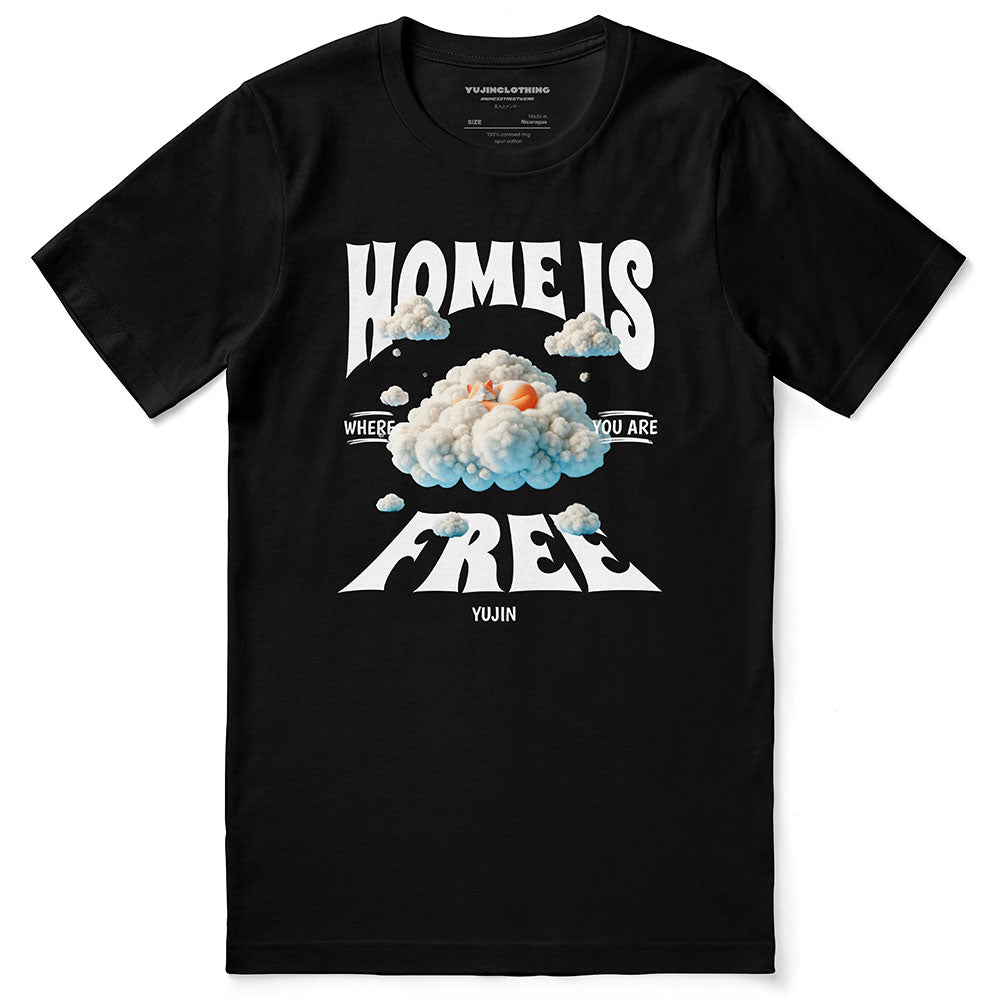 Home Cat T-Shirt by Yūjin Clothing featuring a cozy cat graphic on a comfortable casual T-shirt.