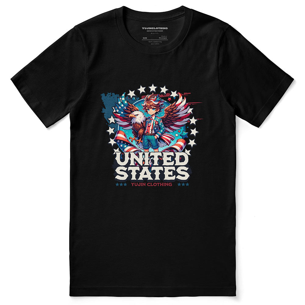 Yūjin Clothing July 4th T-Shirt featuring a patriotic eagle and boy graphic on soft cotton fabric.
