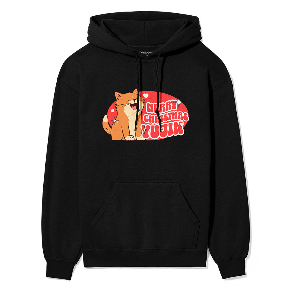 Yūjin Clothing Merry Christmas cat hoodie featuring festive holiday design and cozy fabric, ideal for winter wear.