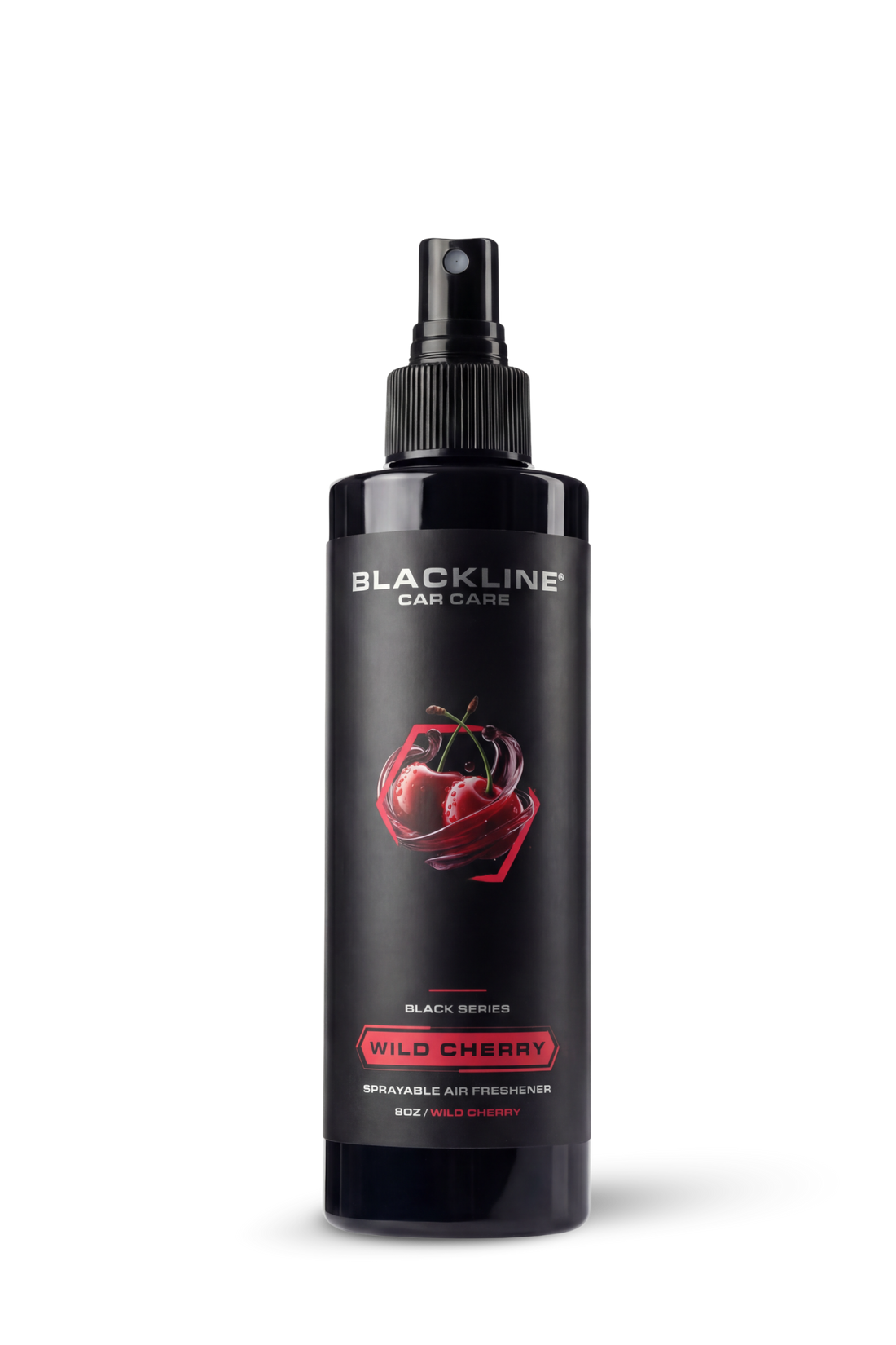 Blackline Car Care Blackline® 8oz Wild Cherry car air freshener hanging in a vehicle interior.