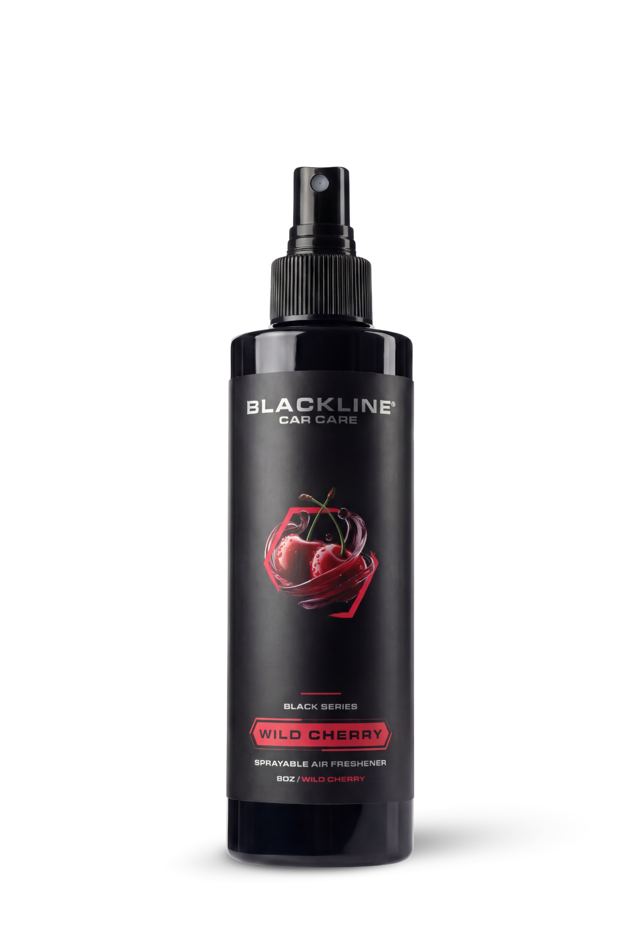 Blackline Car Care Blackline® 8oz Wild Cherry car air freshener hanging in a vehicle interior.