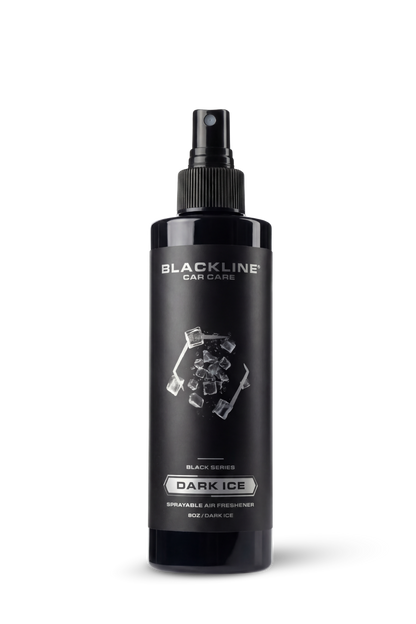 Blackline Car Care Blackline® 8oz Dark Ice car air freshener hanging in a vehicle interior, freshening the car with a dark ice scent.