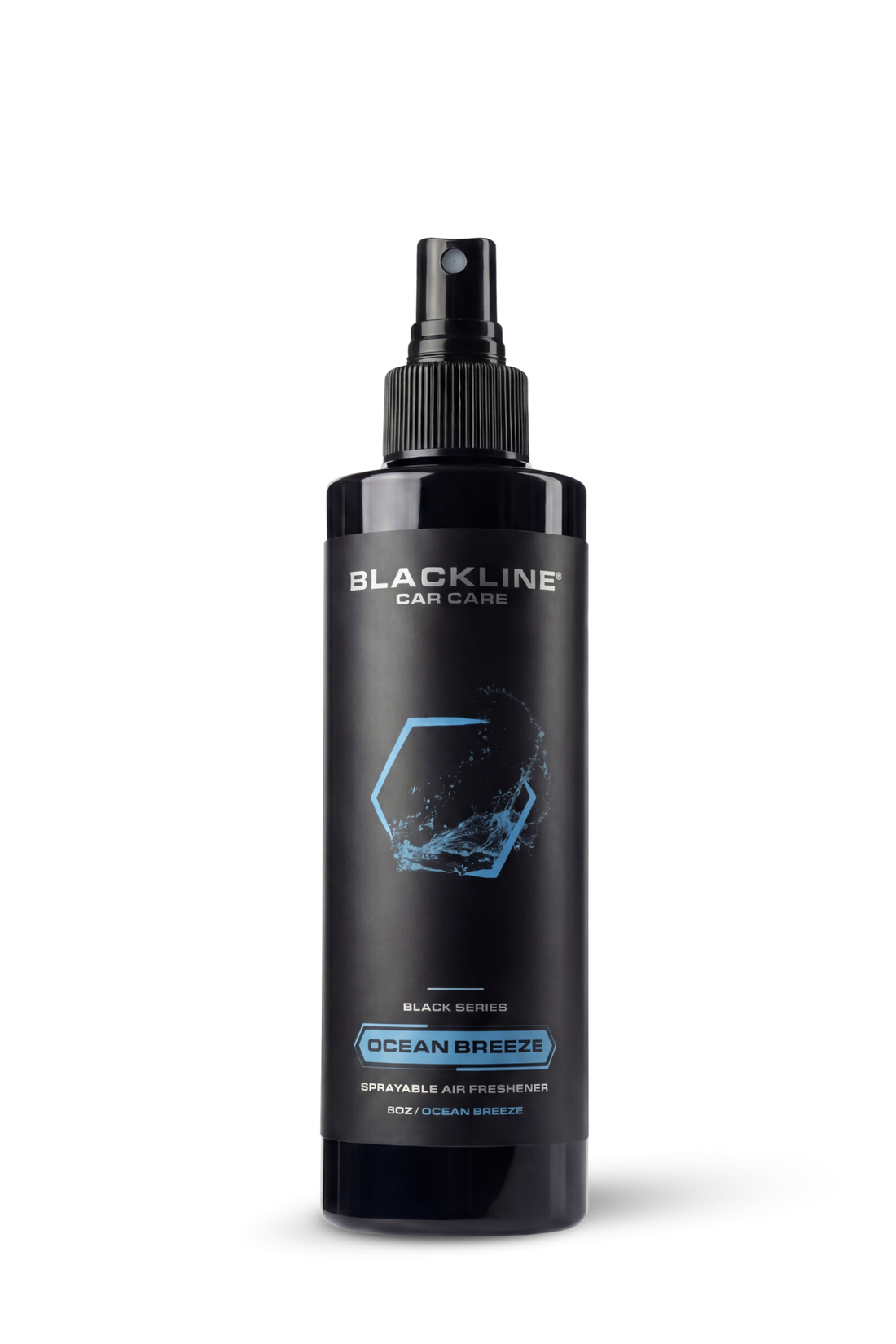 Blackline Car Care Ocean Breeze 8oz air freshener in a sleek black bottle, designed for freshening car interiors.