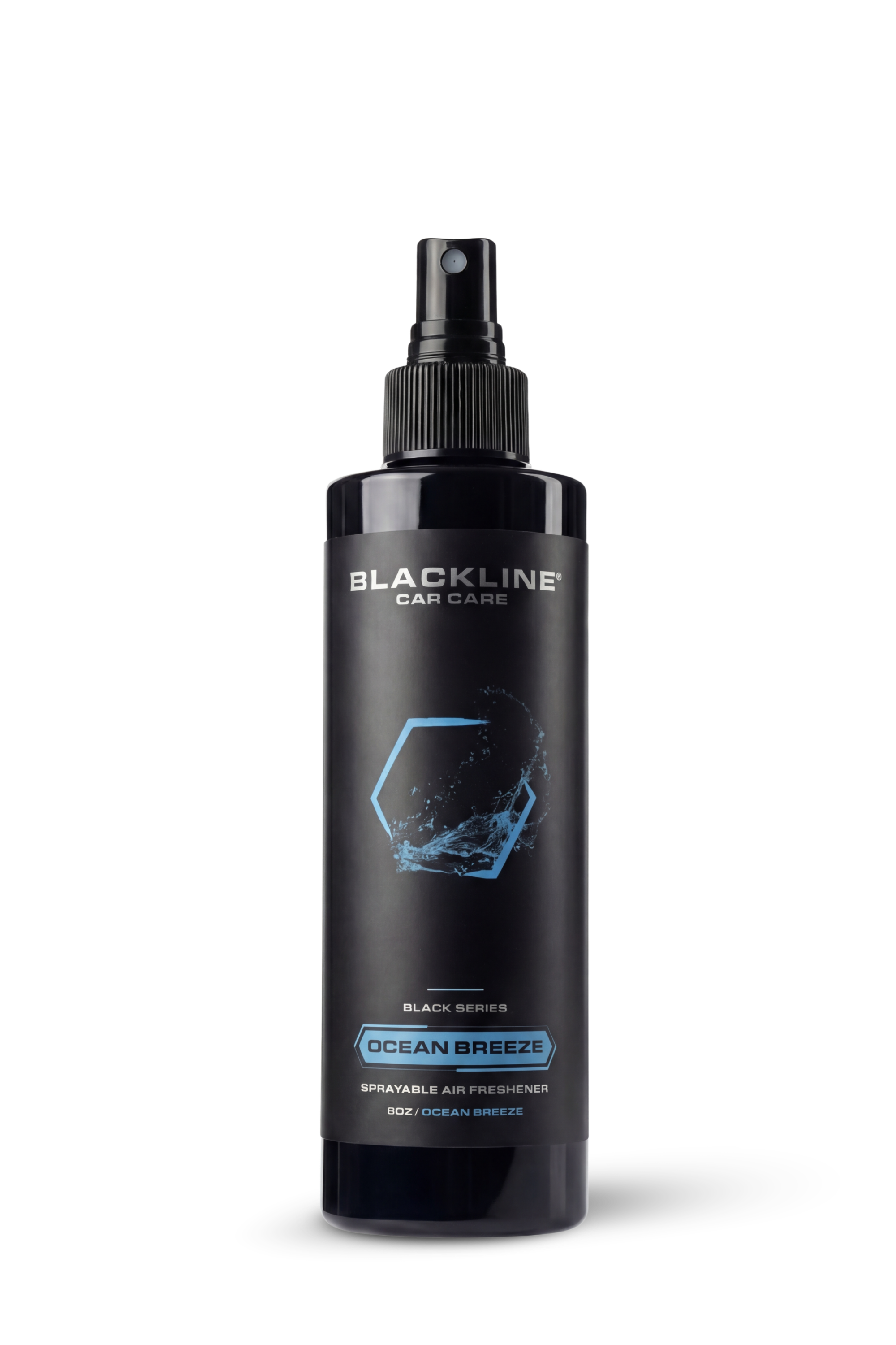 Blackline Car Care Ocean Breeze 8oz air freshener in a sleek black bottle, designed for freshening car interiors.