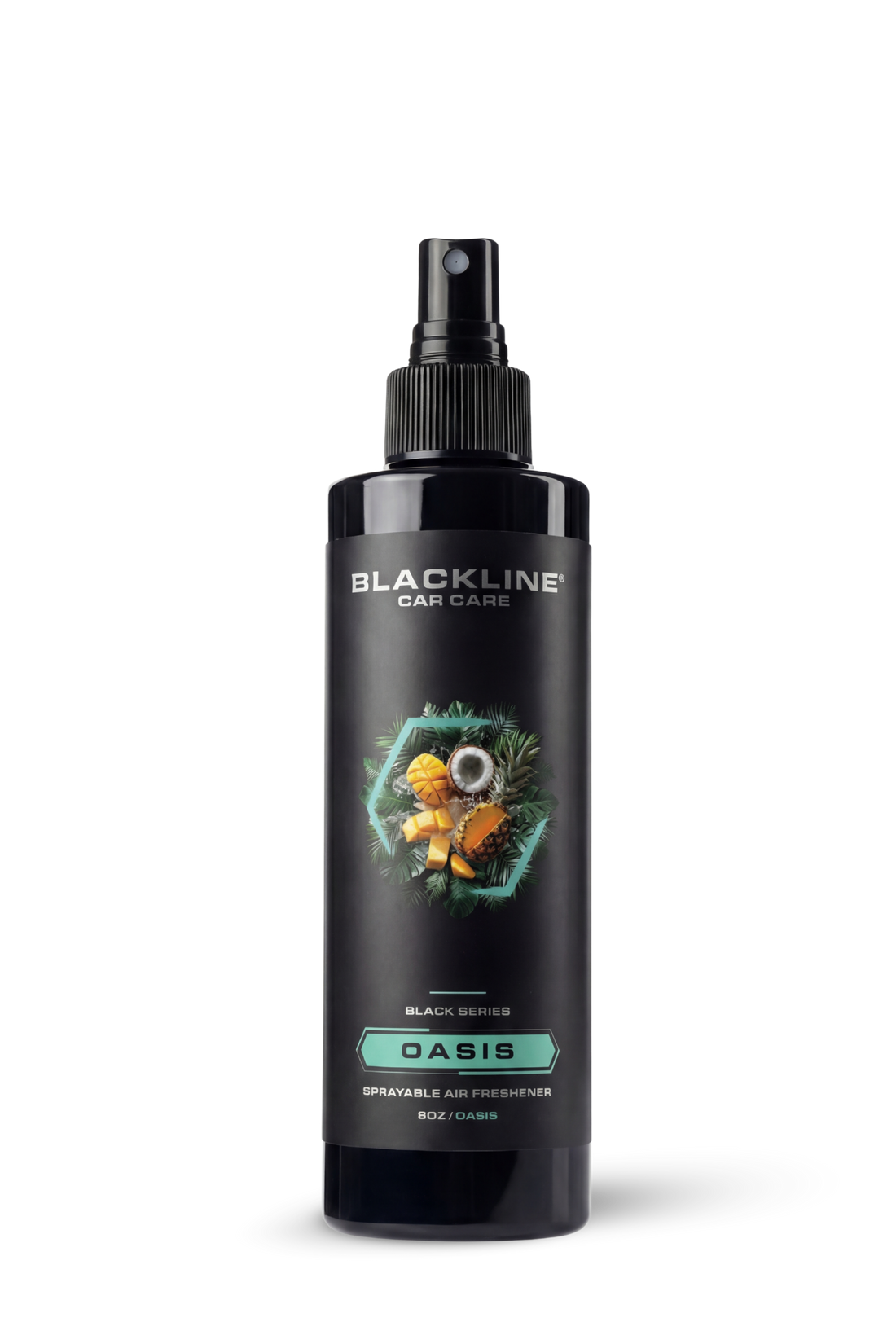Blackline Car Care BLACKLINE 8oz Air Freshener for cars, featuring a sleek black design and oasis scent for fresh vehicle interior.