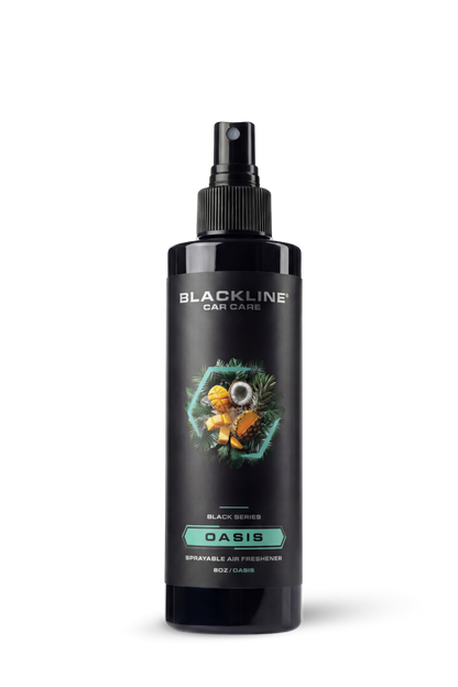 Blackline Car Care BLACKLINE 8oz Air Freshener for cars, featuring a sleek black design and oasis scent for fresh vehicle interior.