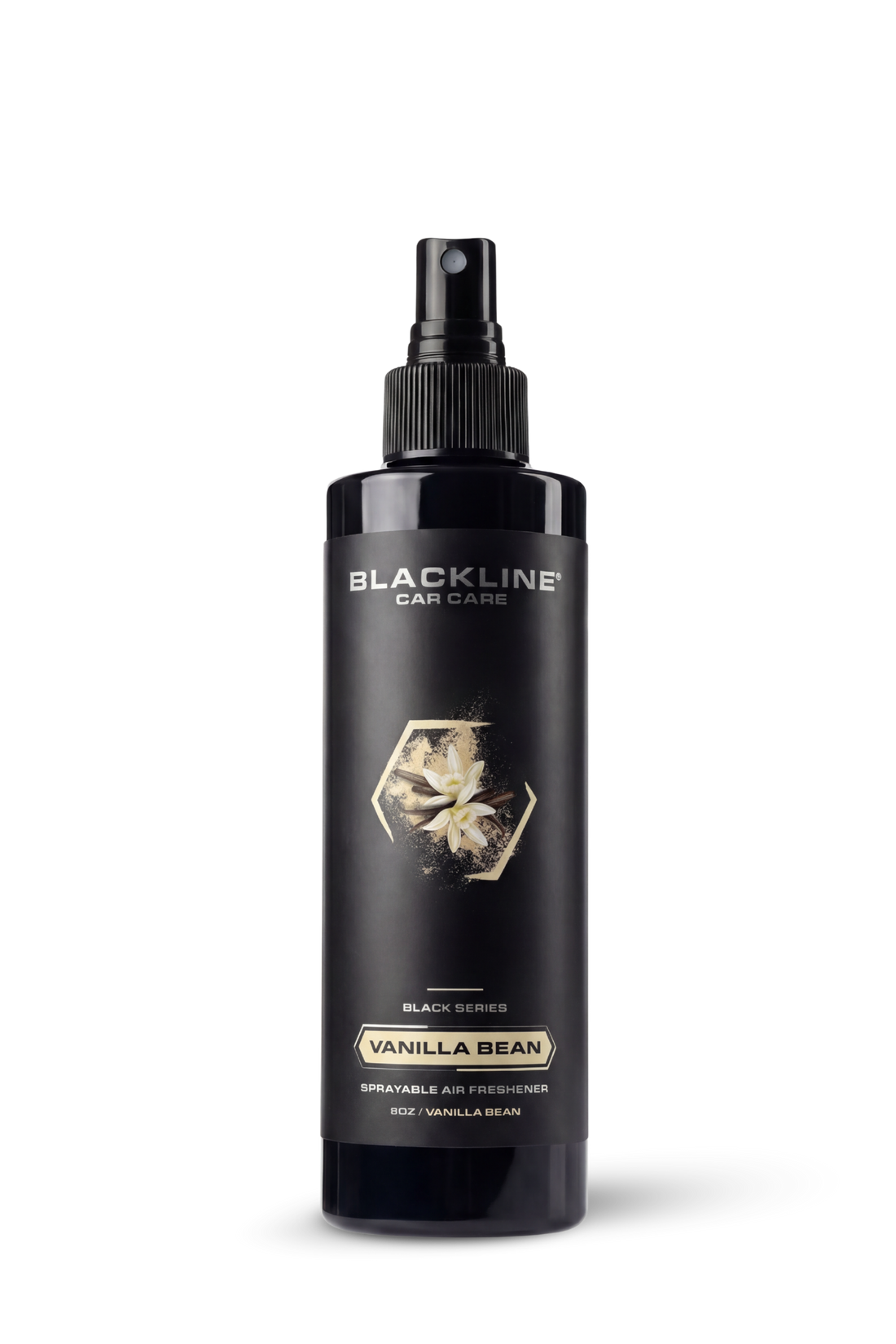 Blackline Car Care 8oz vanilla car air freshener with black design, designed to freshen vehicle interiors naturally.