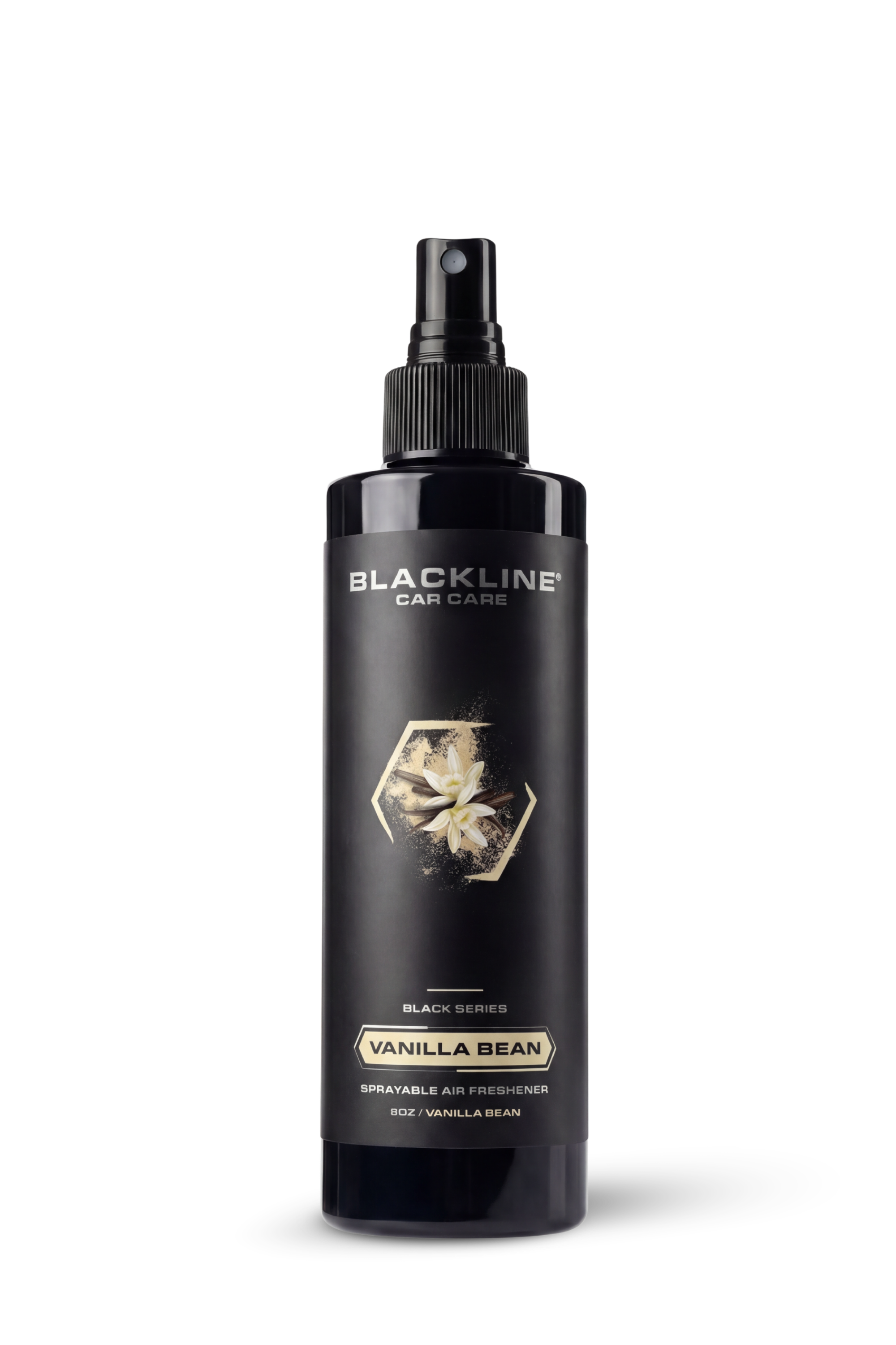 Blackline Car Care 8oz vanilla car air freshener with black design, designed to freshen vehicle interiors naturally.