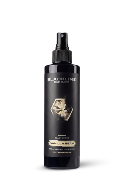 Blackline Car Care 8oz vanilla car air freshener with black design, designed to freshen vehicle interiors naturally.