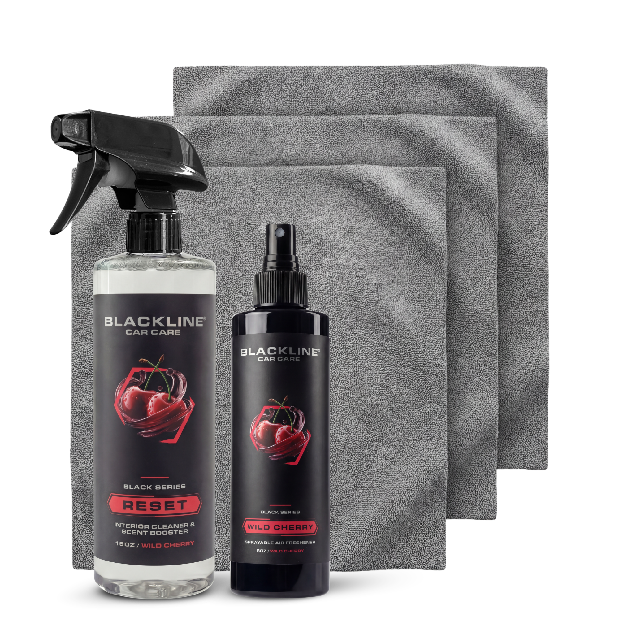 Blackline Car Care 8oz Wild Cherry air freshener for cars, showing the sleek black packaging and complete scent system.
