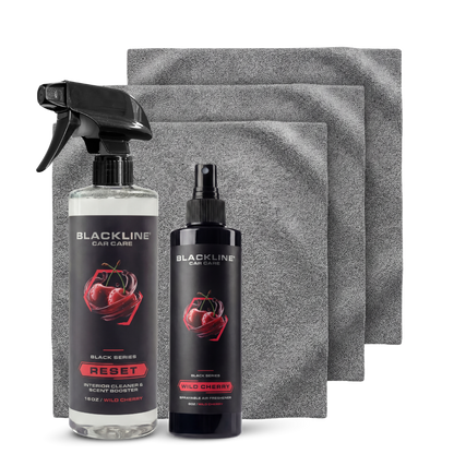 Blackline Car Care 8oz Wild Cherry air freshener for cars, showing the sleek black packaging and complete scent system.