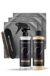 Blackline Car Care BLACKLINE® Rehydrate Leather Conditioner applied with a leather brush, restoring and conditioning vehicle leather surfaces.