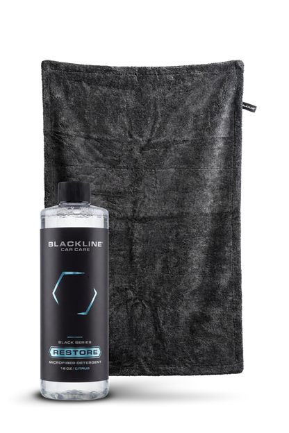 Blackline Car Care BLACKLINE® Restore microfiber detergent bottle, 16oz, designed for cleaning microfiber car interior and exterior surfaces.