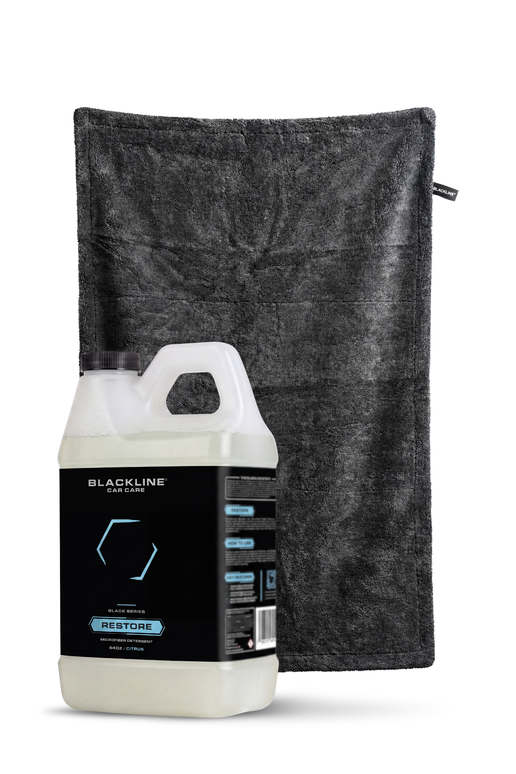 Blackline Car Care BLACKLINE® Restore microfiber detergent bottle for cleaning microfiber car interior and exterior fabrics.