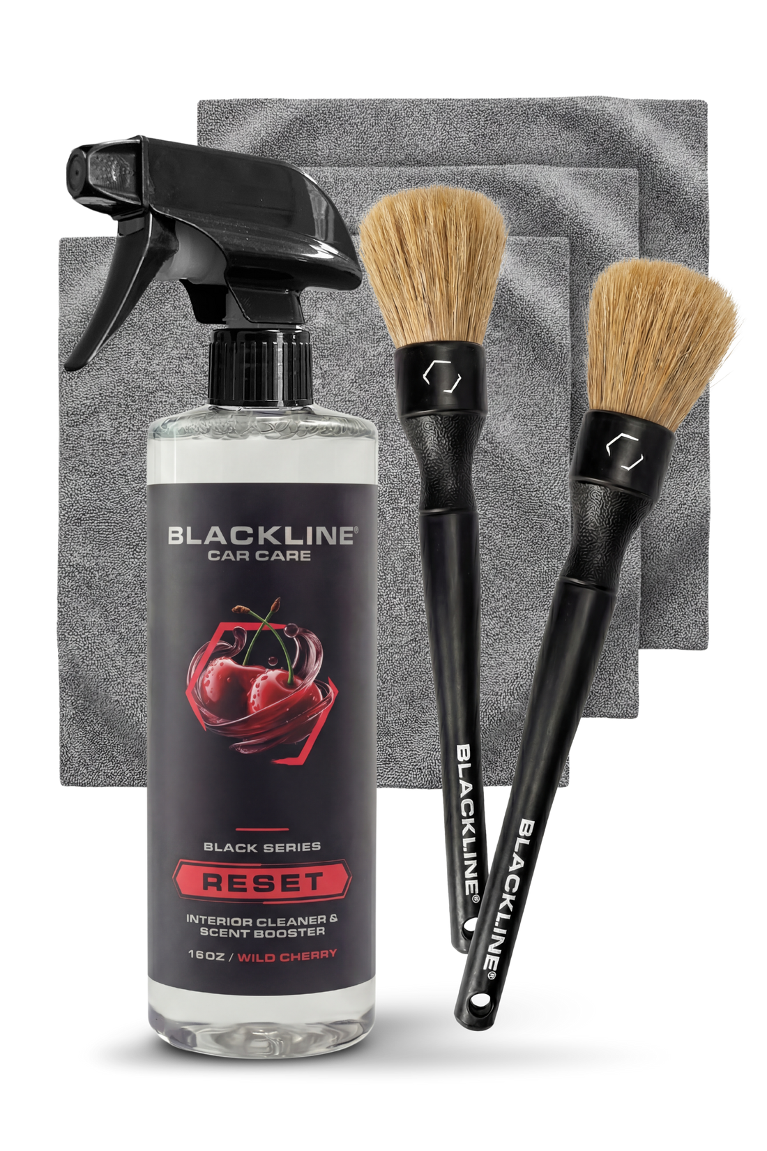 Blackline Car Care BLACKLINE® Reset Interior Cleaner and Scent Booster, cherry-scented, in a spray bottle for vehicle interior cleaning.