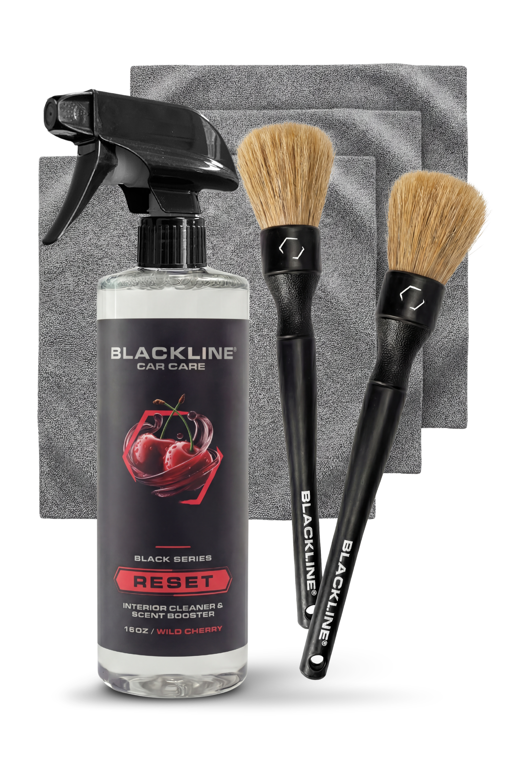Blackline Car Care BLACKLINE® Reset Interior Cleaner and Scent Booster, cherry-scented, in a spray bottle for vehicle interior cleaning.