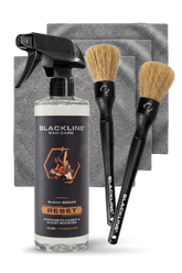 Blackline Car Care BLACKLINE® Reset Interior Cleaner and Scent Booster with teakwood scent in a bottle.