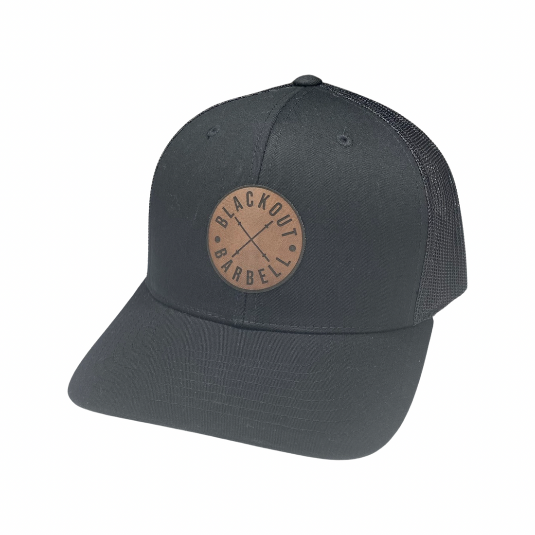 Black BLACKOUT BARBELL Renegade Snapback hat with black on black design, featuring a flat brim and adjustable strap.