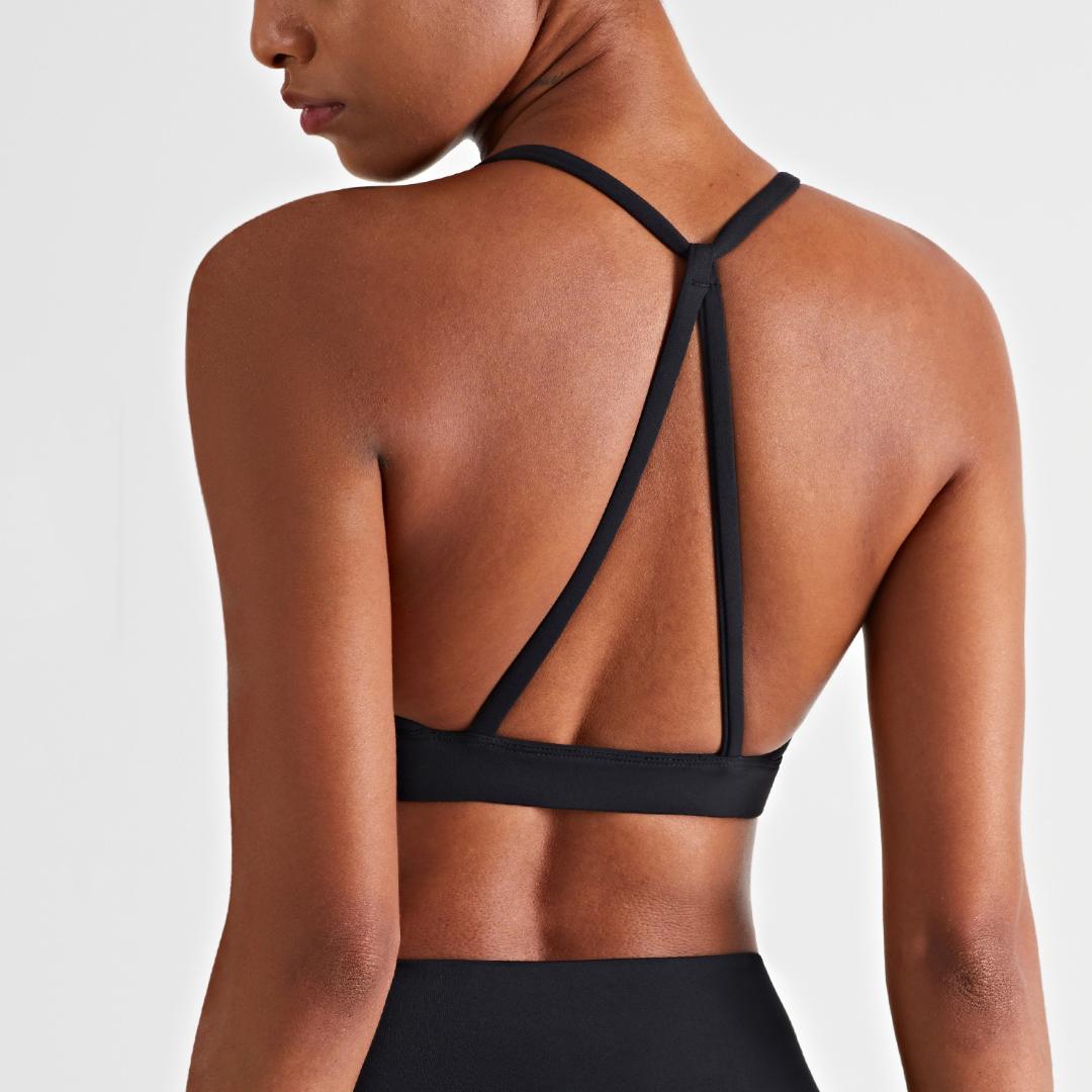 Blackout Barbell Aria Bra featuring soft fabric, supportive design, and adjustable straps for comfortable fit.
