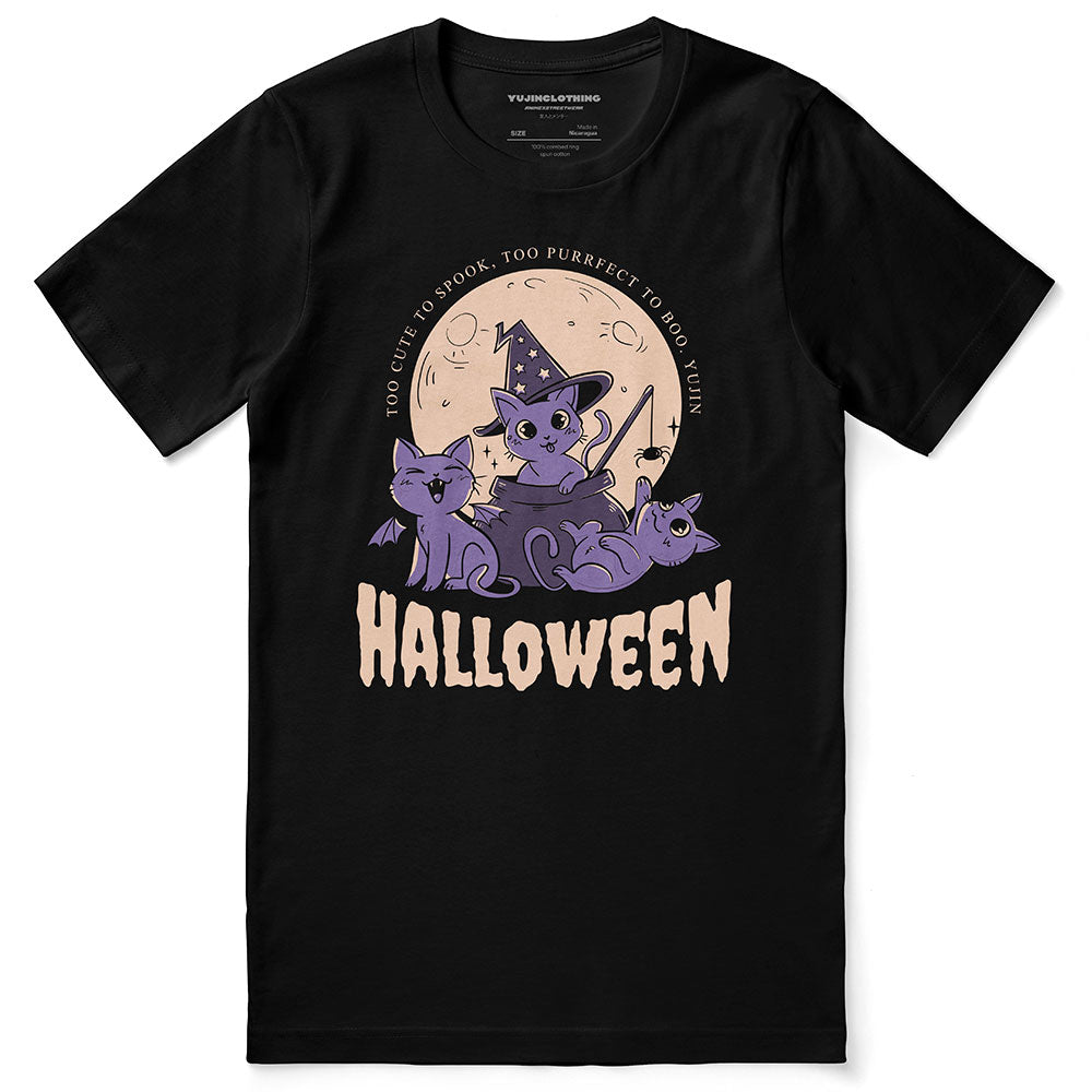 Black Halloween Cats T-Shirt from Yūjin Clothing featuring spooky feline designs on soft fabric.