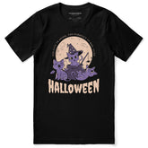 Black Halloween Cats T-Shirt from Yūjin Clothing featuring spooky feline designs on soft fabric.