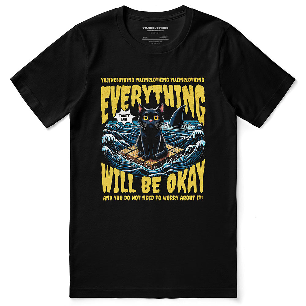 Yūjin Clothing "Everything Will Be Okay" cat print T-Shirt displayed on a model, casual fit with printed slogan and feline graphic.