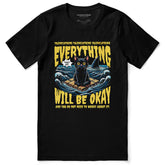 Yūjin Clothing "Everything Will Be Okay" cat print T-Shirt displayed on a model, casual fit with printed slogan and feline graphic.