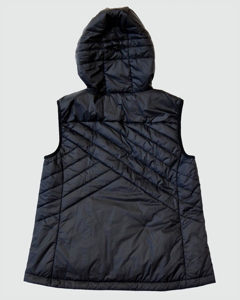 Goal Five Powerstripe eco-friendly down hooded vest in black, shown as a stylish lifestyle outfit with a hood and quilted design.
